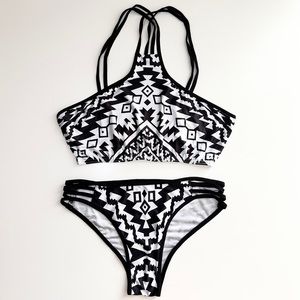 Women’s Bikini Set Two Piece Black Aztec Medium Size